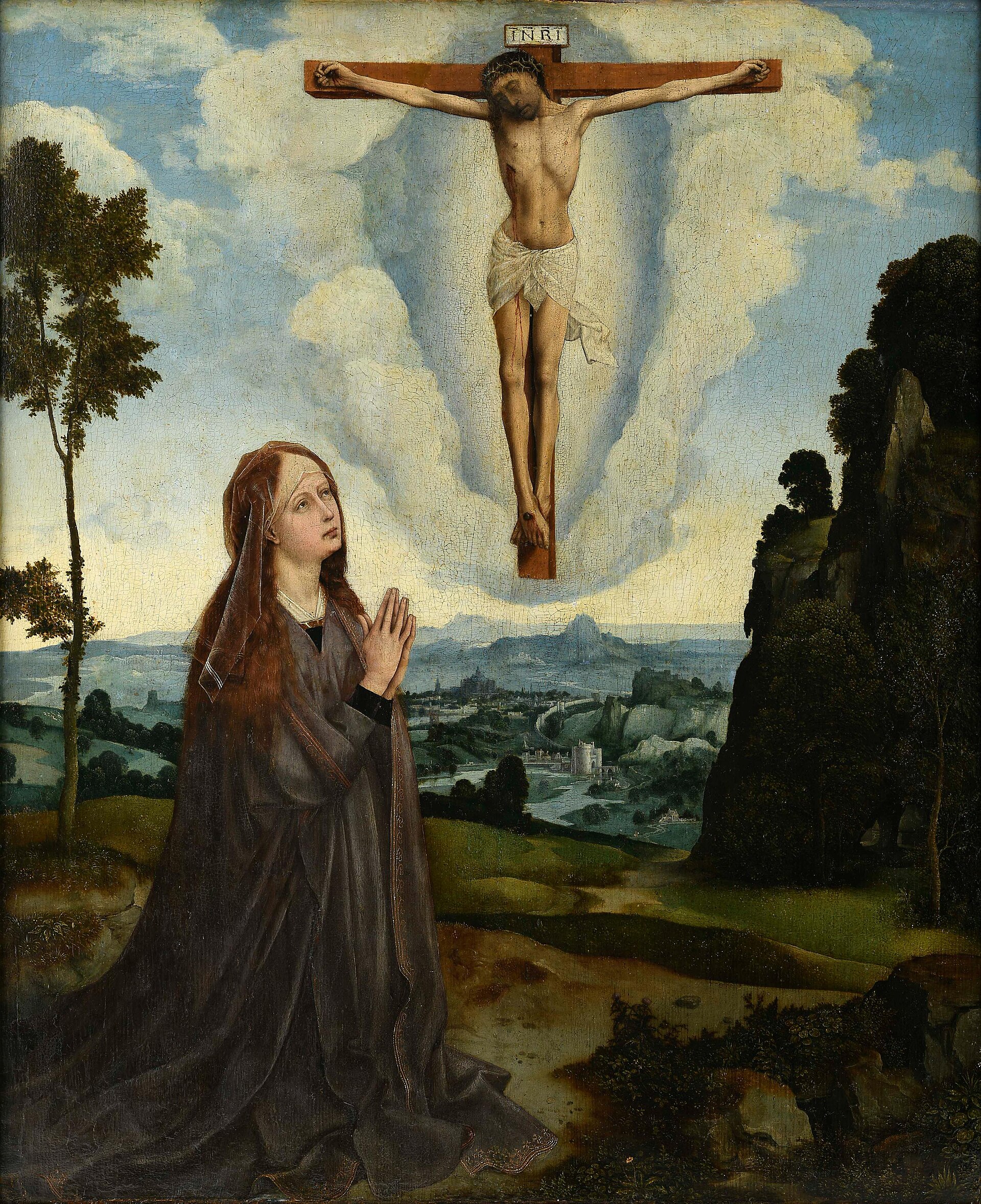 Imagem de referência de Nossa Senhora numa paisagem orando diante de Cristo Crucificado, descrito nos dados abertos como pintura flamenga de autor desconhecido