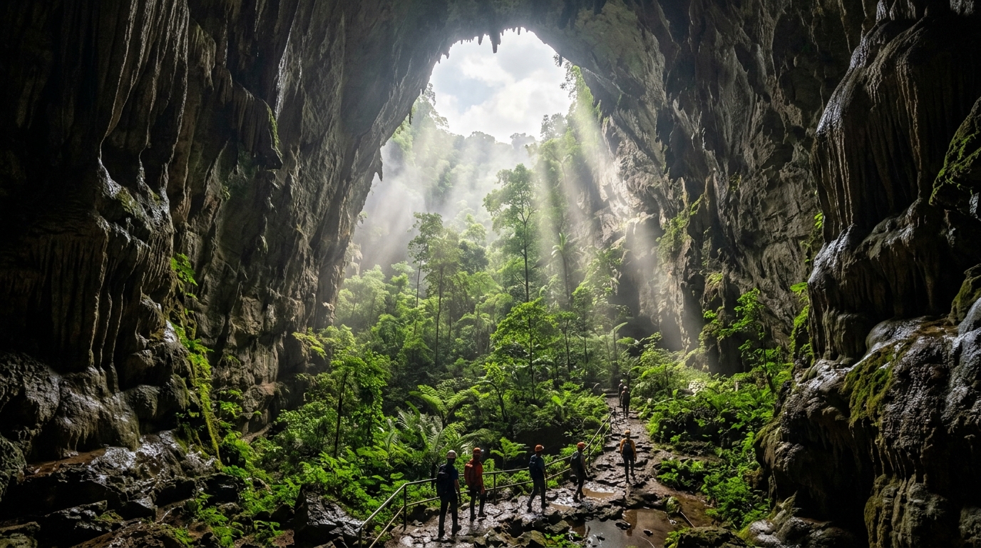 Dentro de uma montanha no Vietnã existe uma passagem de caverna com mais de 6 km e tetos de 200 metros, onde desabamentos deixaram o sol criar uma floresta
