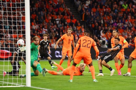 Felix Nmecha scores for Germany against the Netherlands in the Europa League.