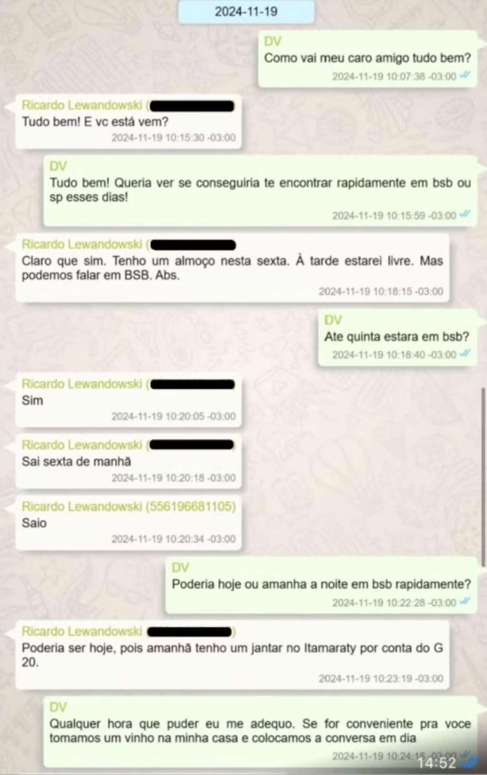 Trecho de conversa entre Vorcaro e Lewandowski em 19 de novembro de 2024.