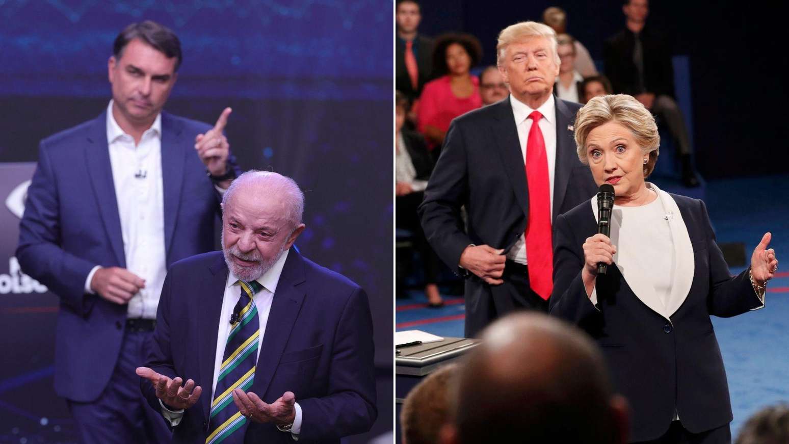 Montagem com foto de Flávio e Lula no debate deste domingo (E) e Trump e Hillary Clinton em 2016 (D)
