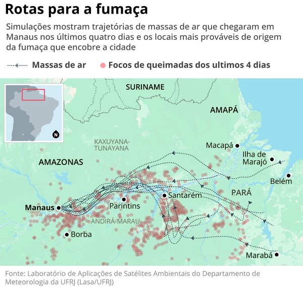O caminho da fumaça: veja as rotas de ventos que transportaram fuligem das queimadas do Pará e do Amazonas até Manaus