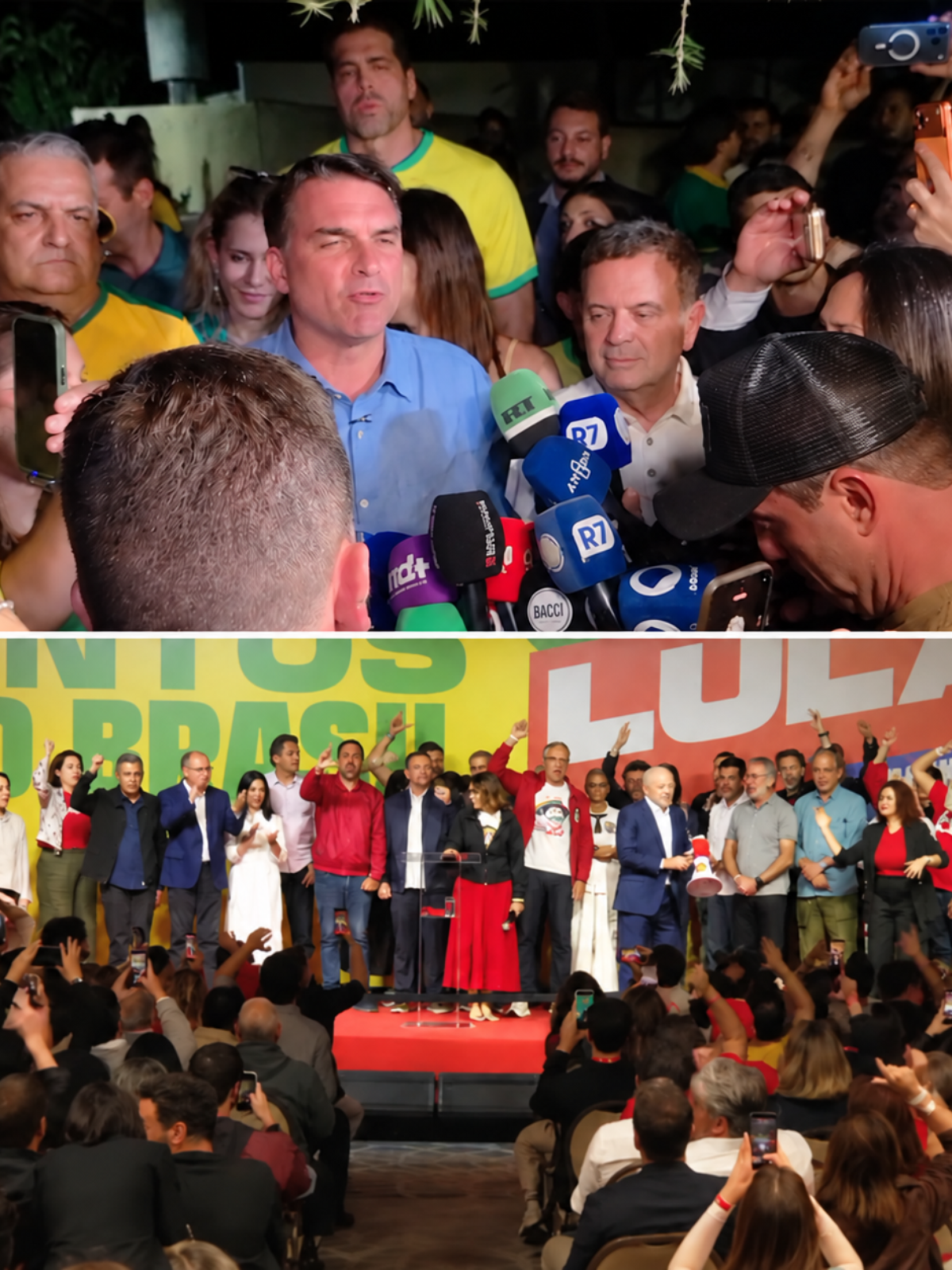 Saiba quem estava atrás de Lula e Flávio Bolsonaro durante discursos após resultados do 1º turno