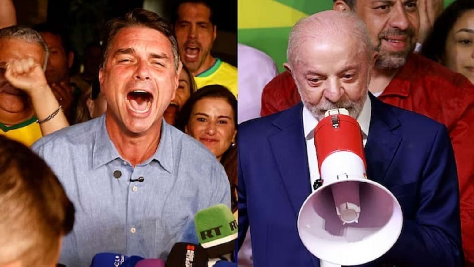 Os candidatos Fl&aacute;vio Bolsonaro (PL) e Lula (PT) ap&oacute;s o primeiro turno