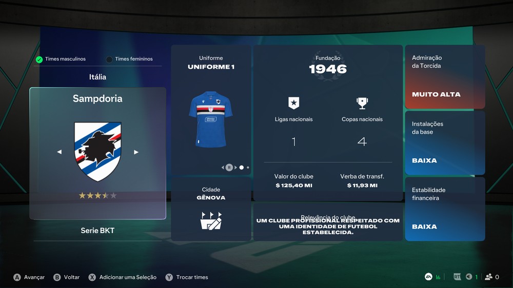 Sampdoria no EA FC 27 — Foto: Luccas Melo/TechTudo